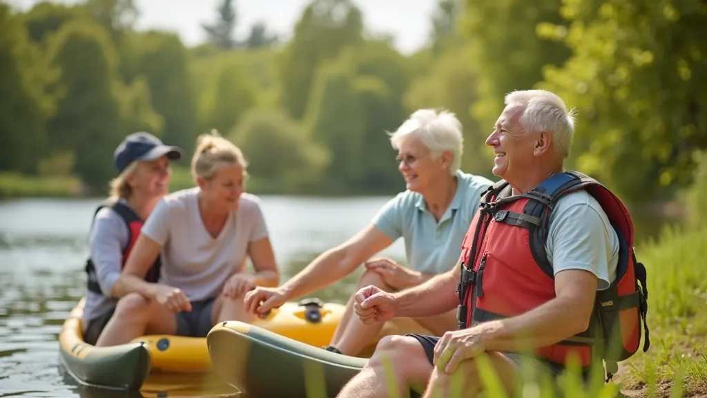 Grupa senioru kopā ārpusē smilšu un ūdens apkaimē
