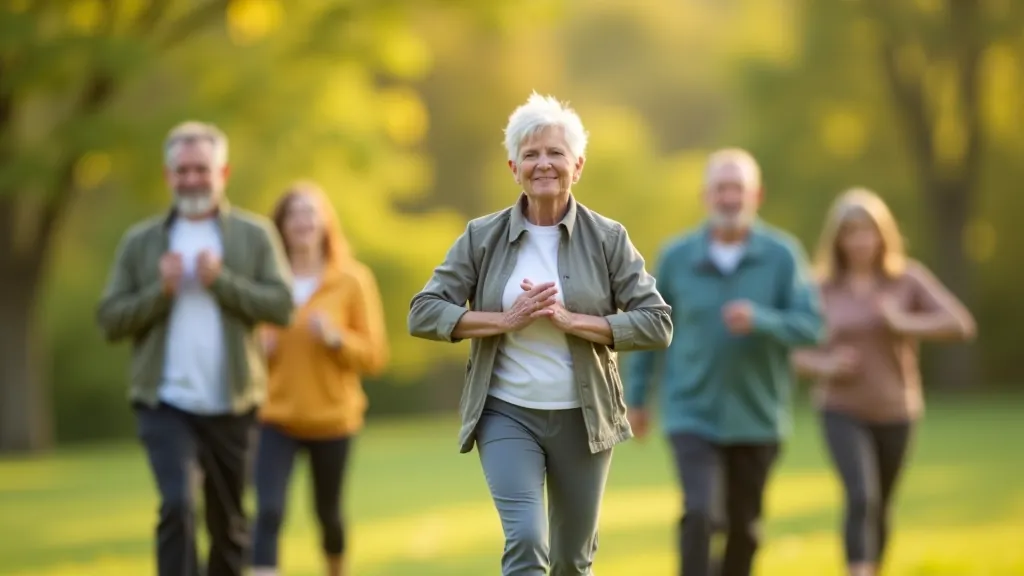 Senioru grupa veic balanses vingrinājumus uz vienas kājas