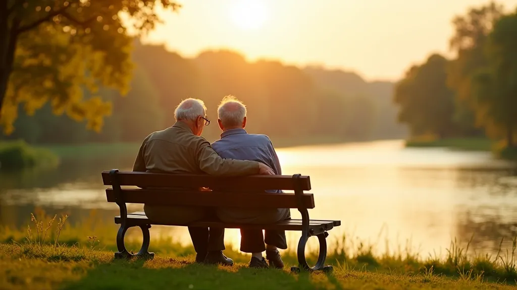 Senioru pāris sēž uz soliņa un vēro Daugavas upi