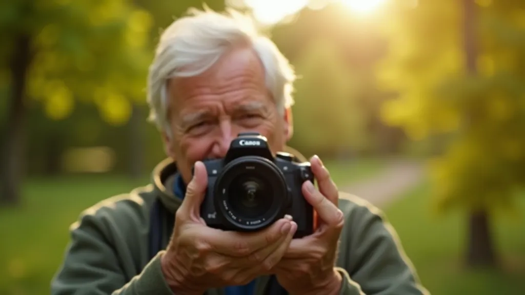 Seniora rokas turošas modernu fotoaparātu ar tālummaiņu, putni fona scenārijā
