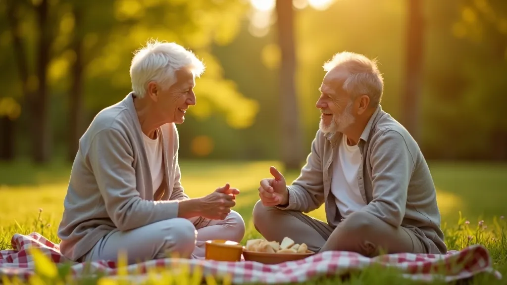 Tuvu kadrs — seniori sēž uz pārklajas, pieņemot pusdienas, dabā