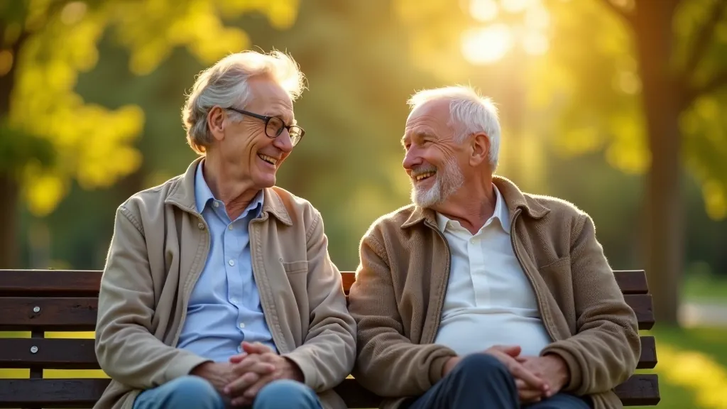 Seniori sēž kopā uz sola parkā, smaidīdami un sarunājušies